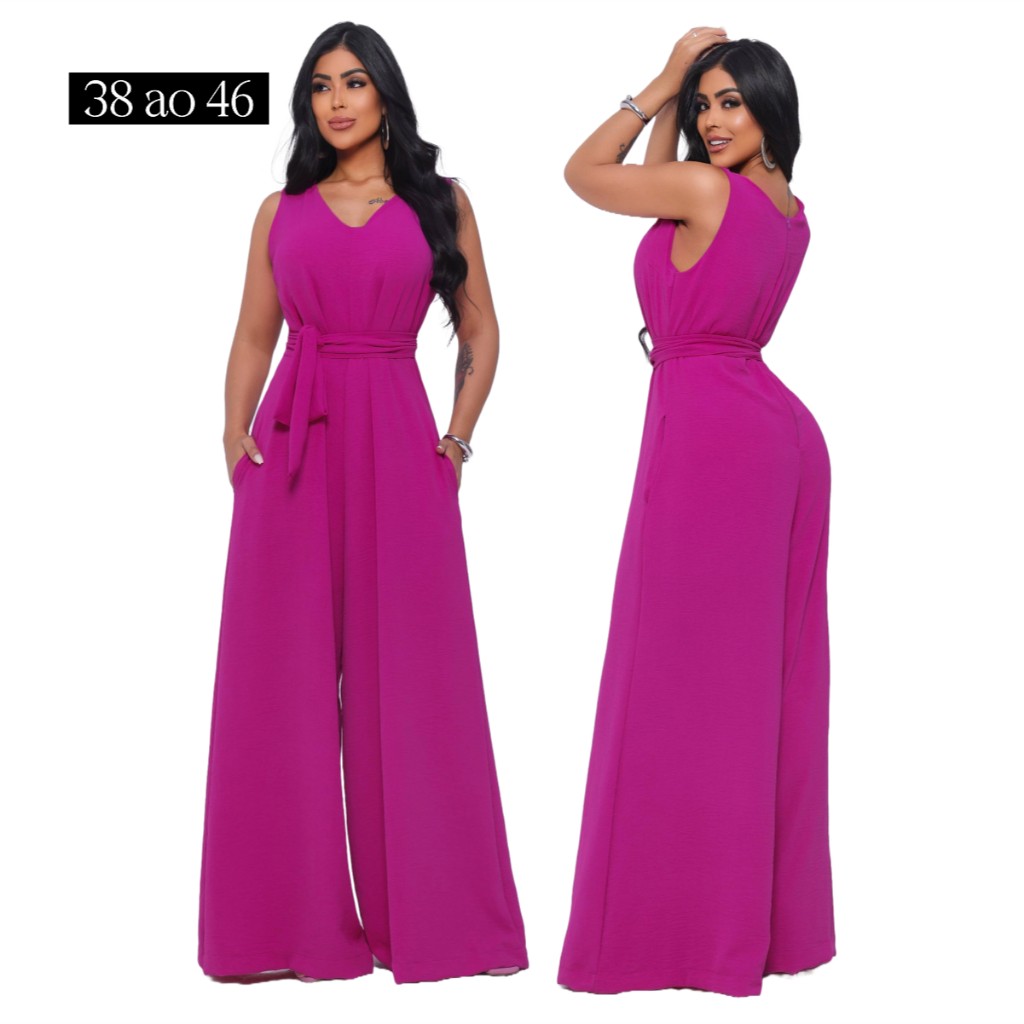 Macacão Feminino Elegante Pantalona Com Bolso e Faixa na Cintura Tecido Crepe Dunas do 38 ao 46 em Oferta na Shopee