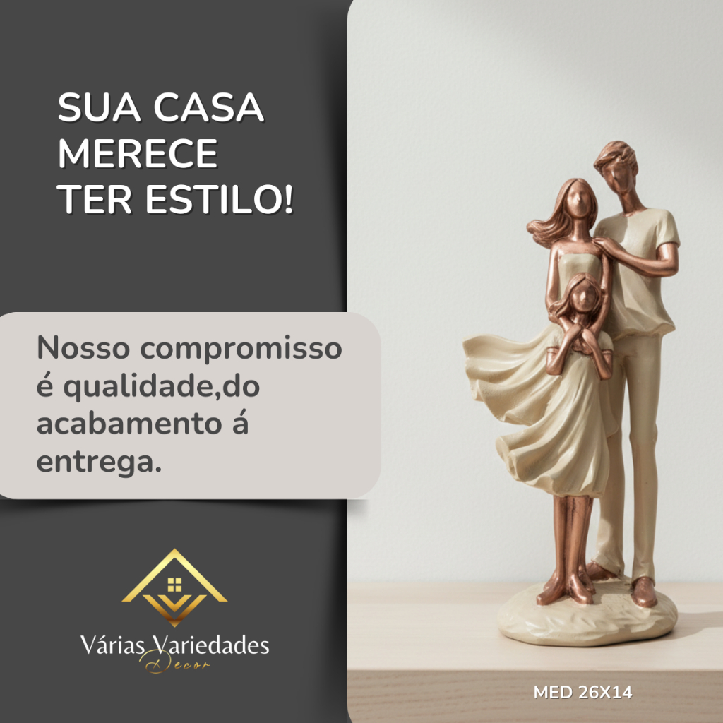 Estátua Família Abençoada Casal com 1 Filha 26cm Rosê em Gesso Premium Objeto Decorativo Simbolismo Amor e União