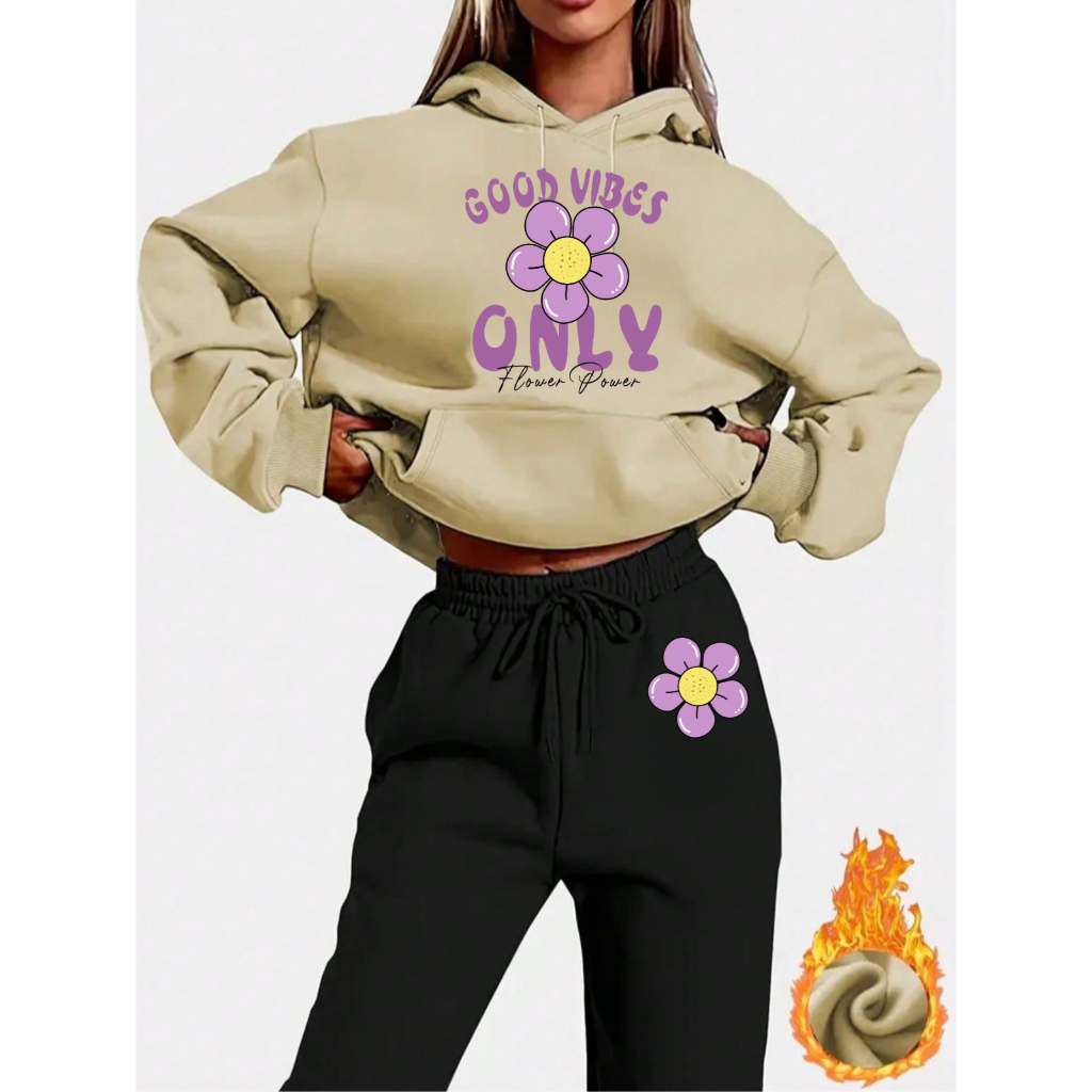 KIT CONJUNTO CALÇA + MOLETOM COM CAPUZ E BOLSO FLANELADO BLUSÃO ESTAMPADO FLOR GOOD VIBES ONLY LILAS