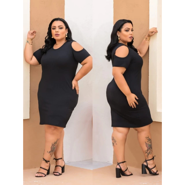 Vestido Feminino Plus Size Midi Tubinho Canelado Recorte Na Manga Primavera Verão Preto
