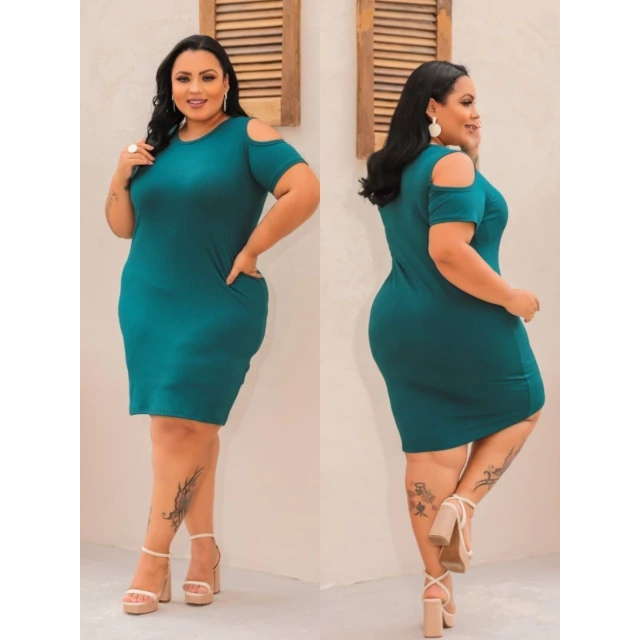 Vestido Feminino Plus Size Midi Tubinho Canelado Recorte Na Manga Primavera Verão Verde Jade