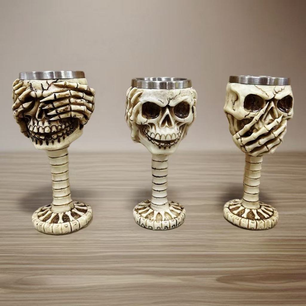 Taça Não Fale , Não Olhe , Não Escuta Resina Inox Caveira  Cálice Viking  Medieval 150ML