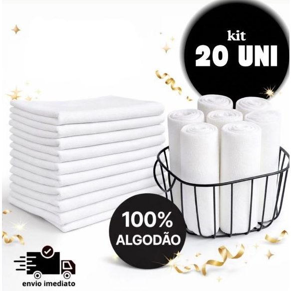 Kit 20 Panos de Prato Branco Liso Premium 100% Algodão Pé de Galinha Super Absorvente Atacado Grosso