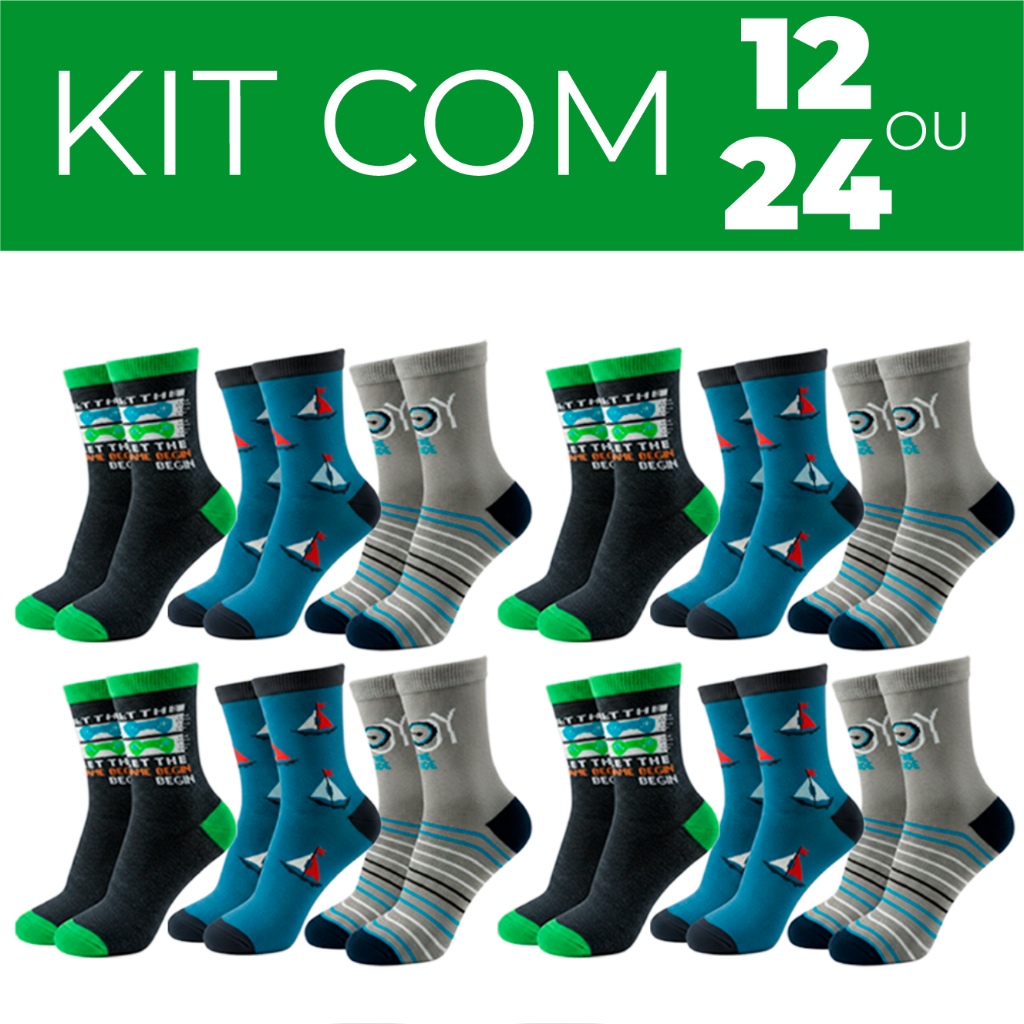 Kit 12 ou 24 Pares Meia Infantil Escolar Cano Alto Menino Menina Divertida Estampada Criança