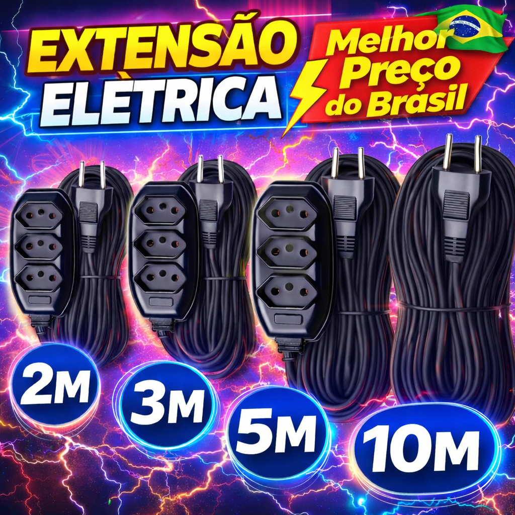 Extensão elétrica 2,3,5,10 (METROS) extensão de energia 3 tomadas BIVOLT