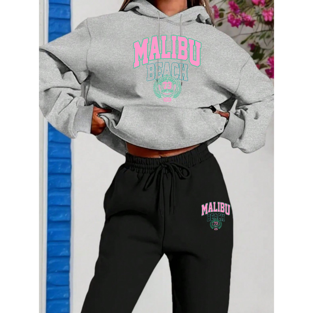 CONJUNTO CALÇA E MOLETOM COM CAPUZ E BOLSO FLANELADO MODA FEMININA THUNBLR MALIBU