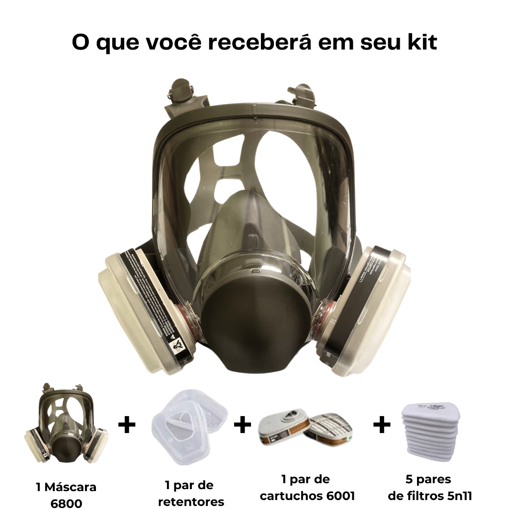 1 Máscara 6800 Full Face com 10 Filtros 5N11 P2 Para Pintura, Solventes e Trabalhos Industriais