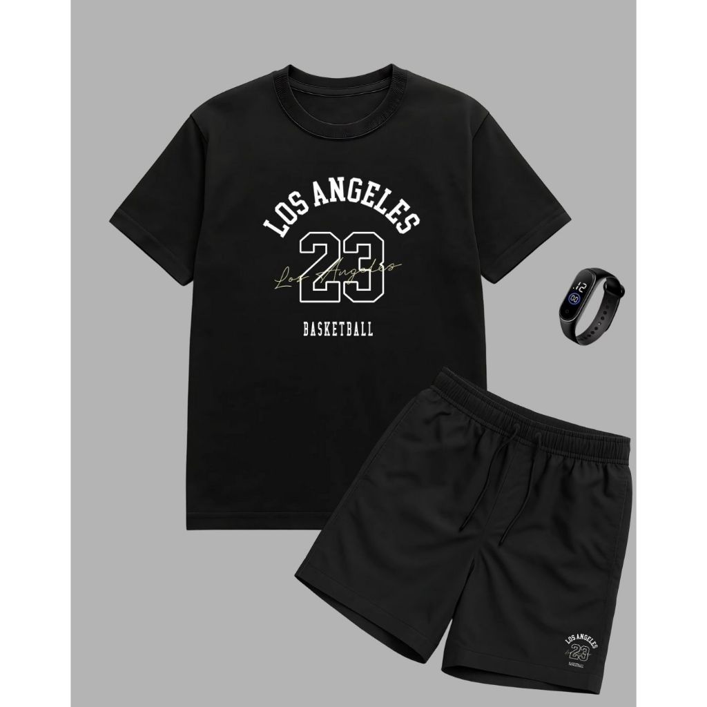 kit conjunto bermuda tectel e camiseta algodão 100% plus size tamanhos grandes G1 G2 G3 LOS ANGELES 23 RELOGIO DIGITAL