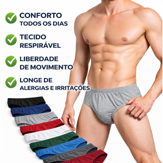 Cueca Slip Tradicional Sunga , Cueca de banho, Elástico Embutido 100% Algoodao , kit 3,6,9,12 Confortavel Plus Size