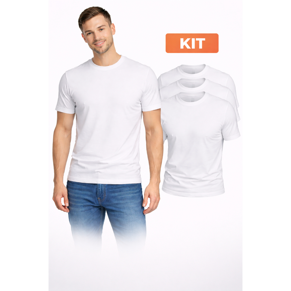 Kit 3 Camisetas Camisas Branca 100% Algodão Casual Lisa Promoção Gola Redonda Básica Trabalho Dia Dia