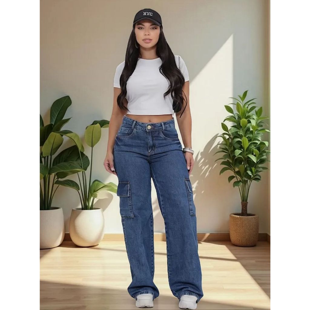 Calça Jeans Cargo Feminina Confortável Casual Versátil Tendência Elegante Moderna Festas Blogueira