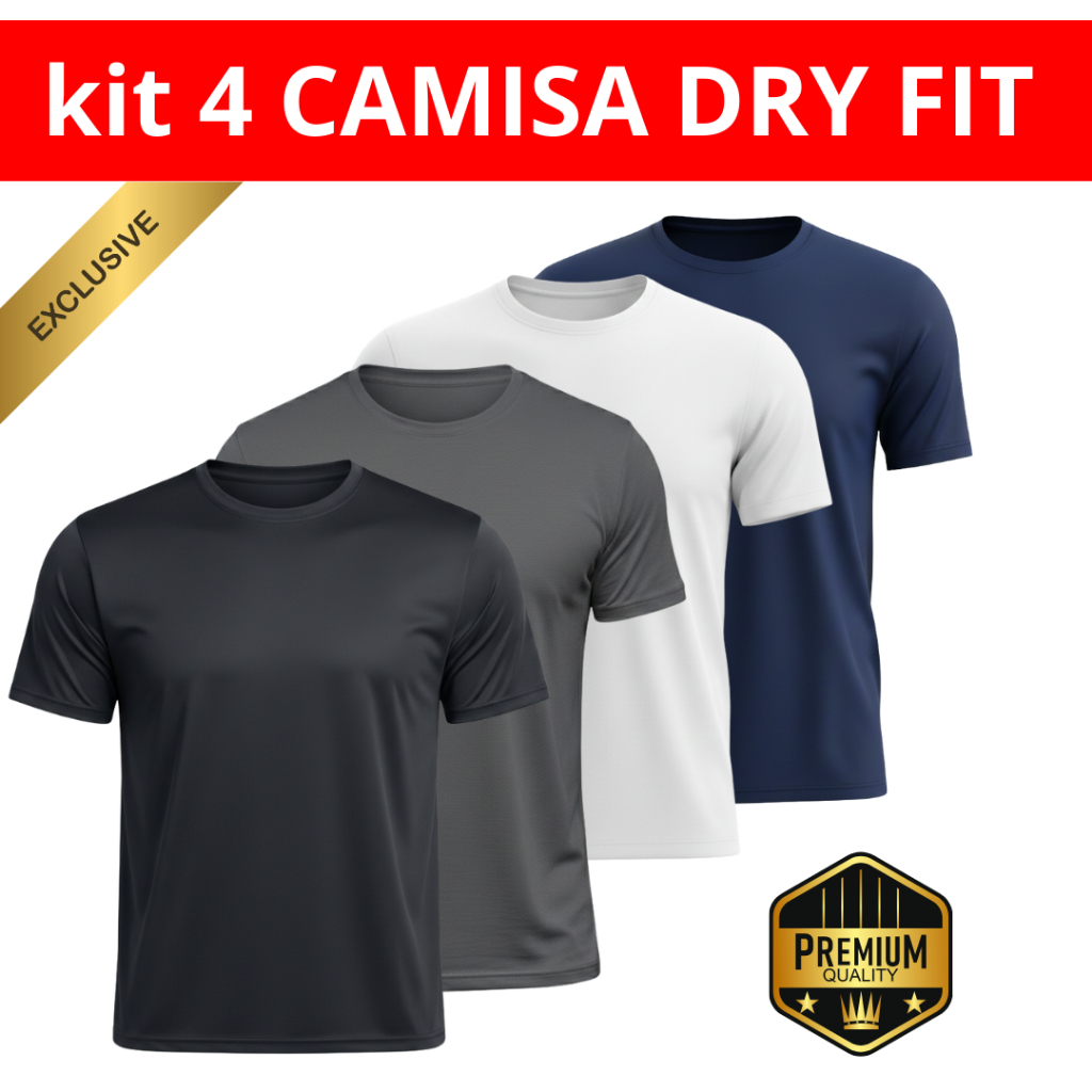 Kit 4 Camisa Manga Curta Esportiva Dry Fit Exercício Secagem Rápida 50+Proteção UV