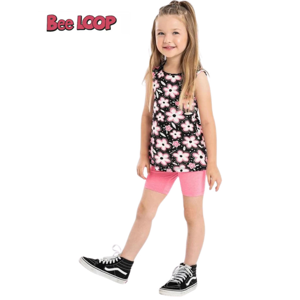 Conjunto em Algodão Camiseta Regata com Short Ciclista Estampado Flores Marca Bee Loop