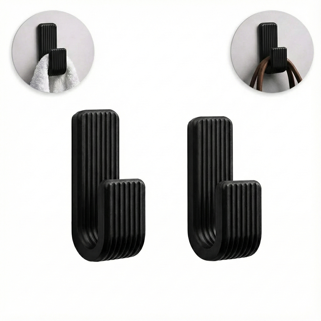 Kit Com 2 Ganchos Pretos Suporte Resistente Com Fita Dupla Face Para Toalhas Roupas Acessórios em Oferta na Shopee