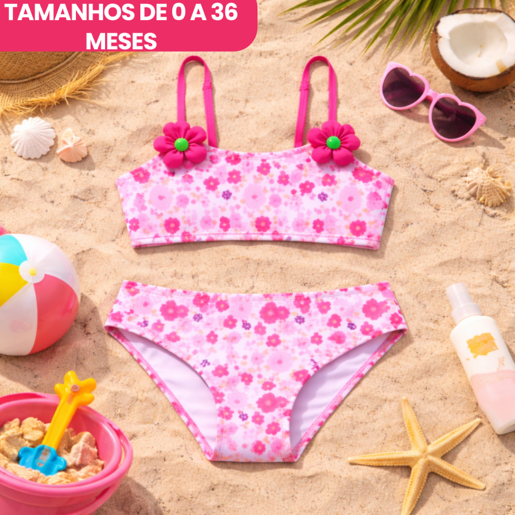 Conjunto De Praia Biquíni Infantil Estampa Floral E Aplicação Flores De Fuxico Verão Praia Piscina