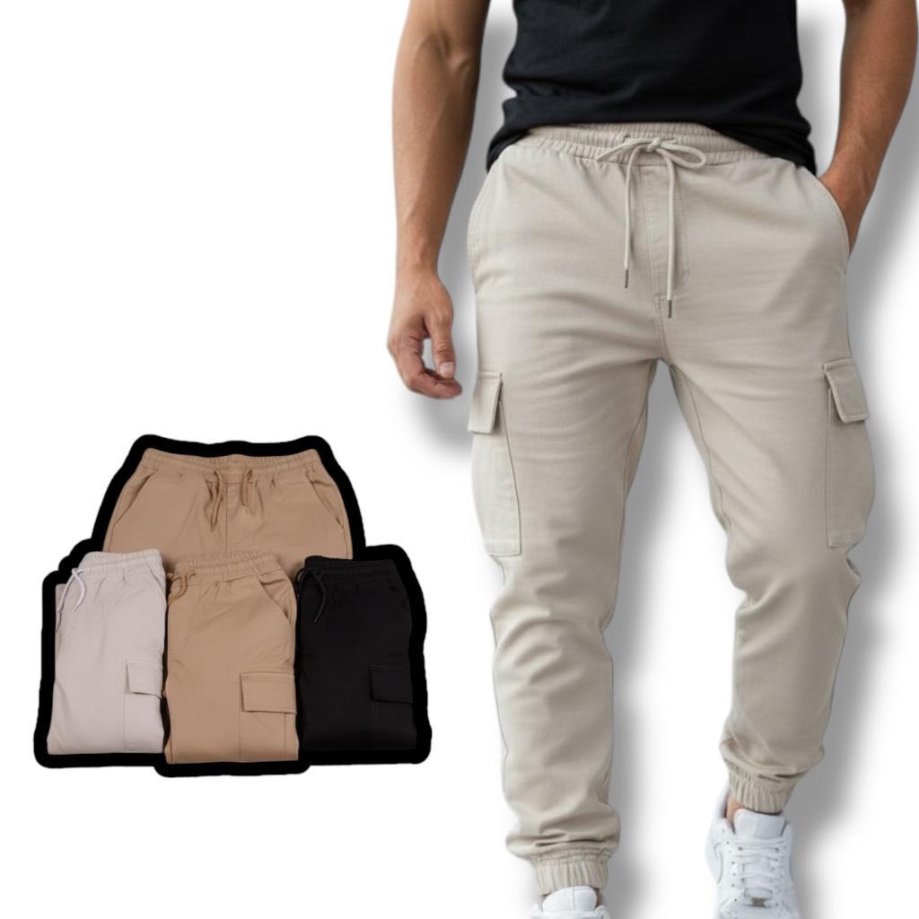 Calça Cargo Sarja Masculina Skate com 6 Bolsos e Cordão Tom Sobre Tom