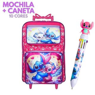 Kit Escolar do Stitch Mochila Grande de Rodinhas de Silicone Resistente com Bolsos e Caneta 10 Cores Escrita Multicores em Oferta na Shopee