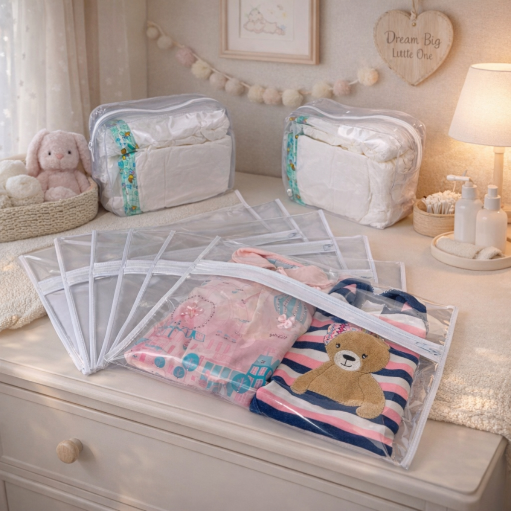 Kit Maternidade 5 Saquinhos + 2 Necessaire Organizador Mala e Viagem Bebê Multiuso Com Zíper Fraldas