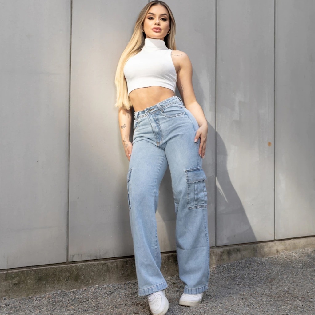 Calça Jeans Cargo Feminina Confortável Casual Versátil Tendência Elegante Moderna Festas Blogueira