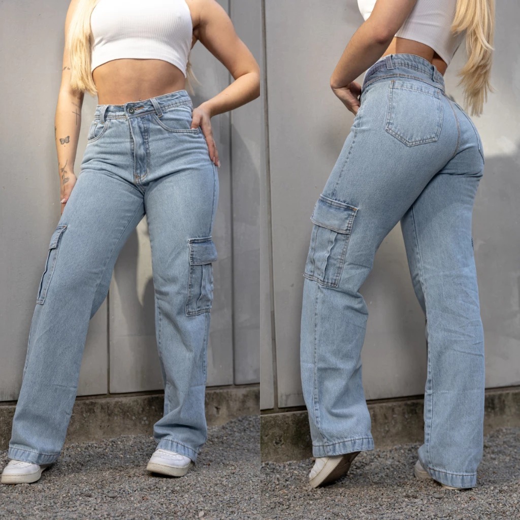 Calça Jeans Cargo Feminina Confortável Casual Versátil Tendência Elegante Moderna Festas Blogueira