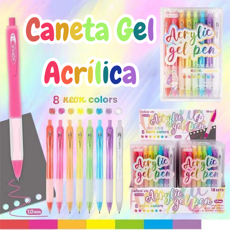 Kit 8 Cores Caneta Gel Tinta Acrílica Neon 1.0mm Escrita Suave e Alta Cobertura Papelaria em Oferta na Shopee