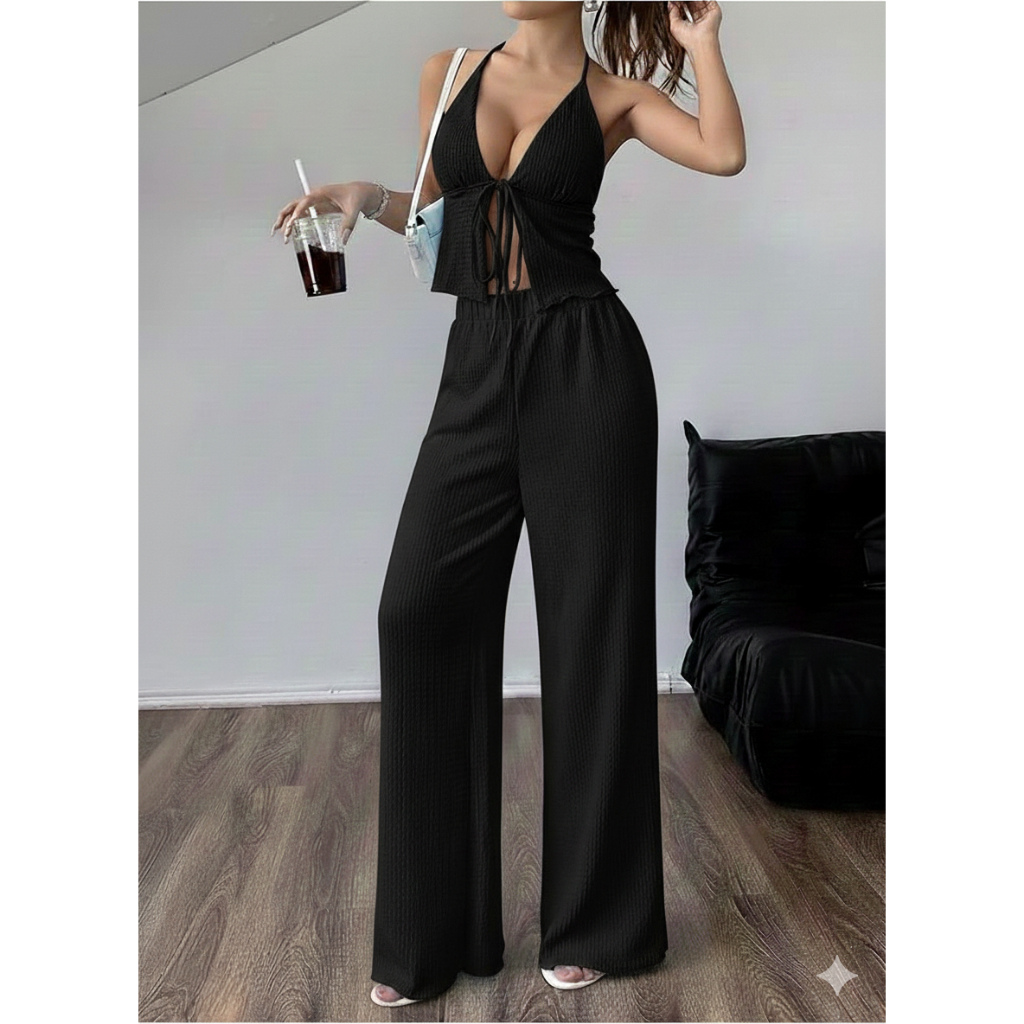 Conjunto Verão Feminino Liz Calça Pantalona + Blusa Top Amarração Conforto e Sofisticação em Oferta na Shopee