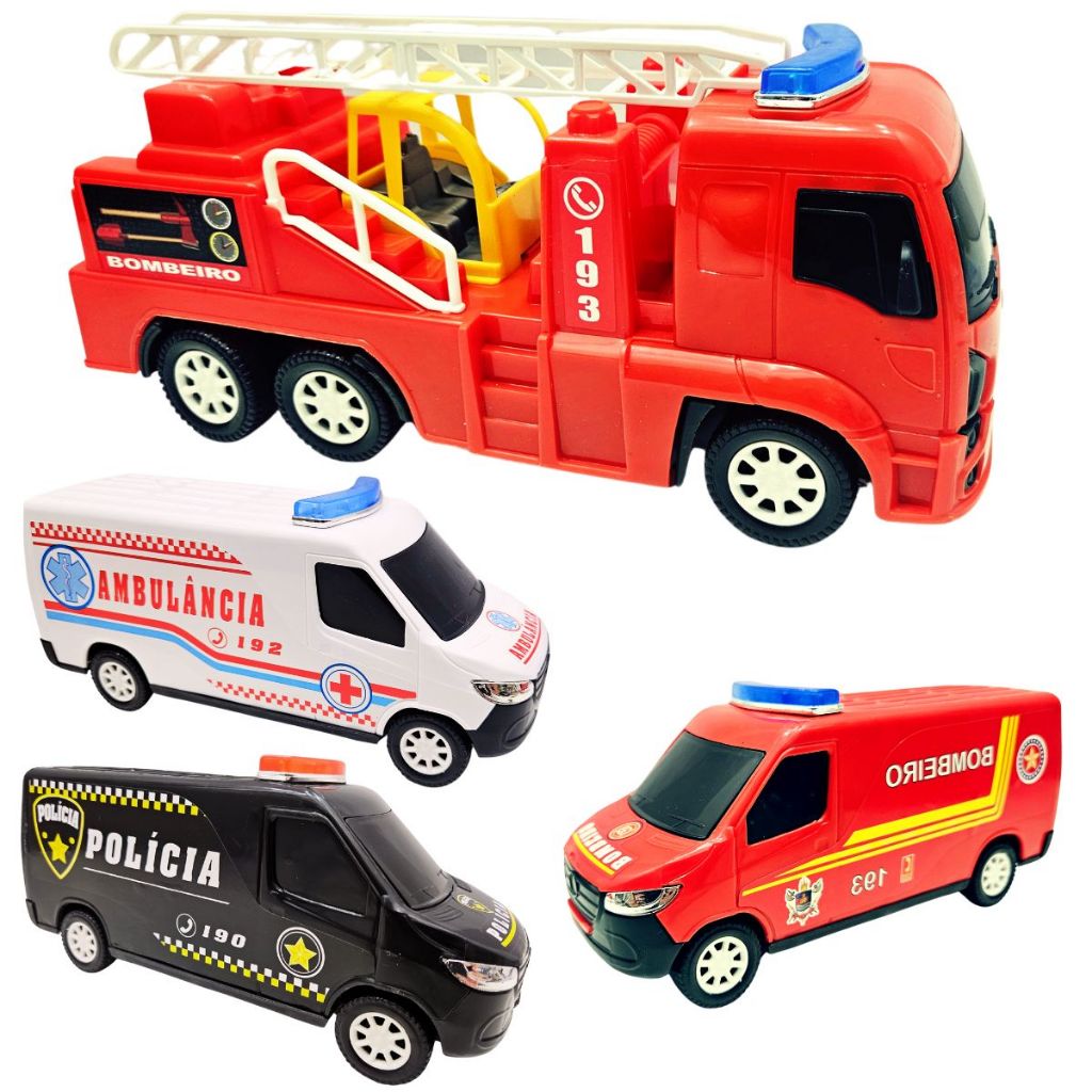 Kit 4 Carros De Resgate Caminhão Bombeiro Furgão Policia Ambulância Bombeiro Brinquedo Atacado em Oferta na Shopee