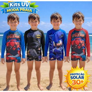 Conjunto Praia Infantil UV 30+ Personagens | Proteção Solar para Meninos | 2 a 12 Anos em Oferta na Shopee