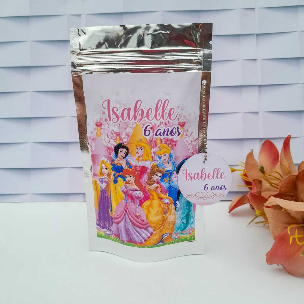 Saquinho Metalizado Personalizado Zip Lock 12x19/Lembrancinha de Festa/Personalizado Princesas Disney