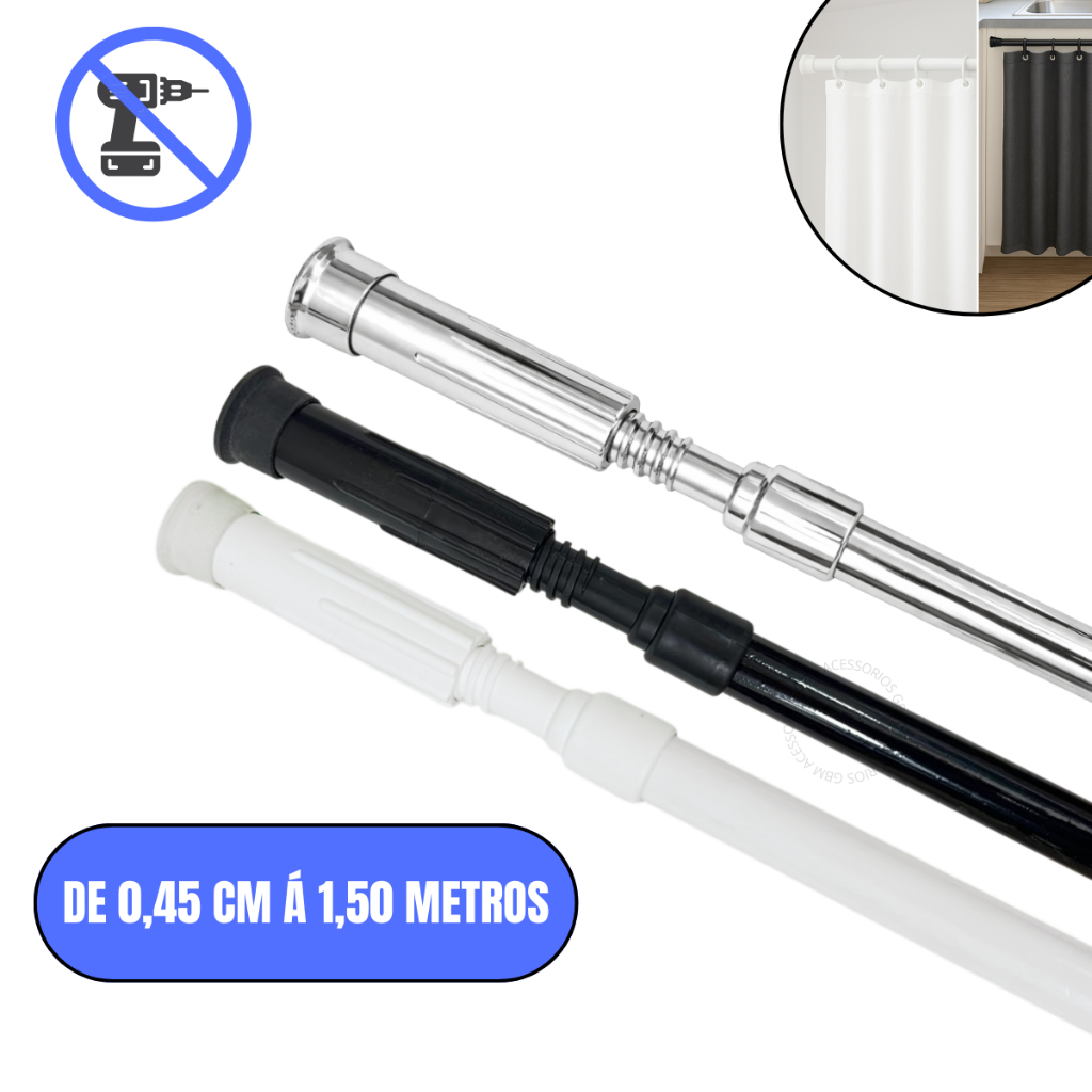Varão Extensível Ajustável 45cm a 1,50m Cortina Box Banheiro Suporte Sem Furo Branco/Preto/Cromado em Oferta na Shopee