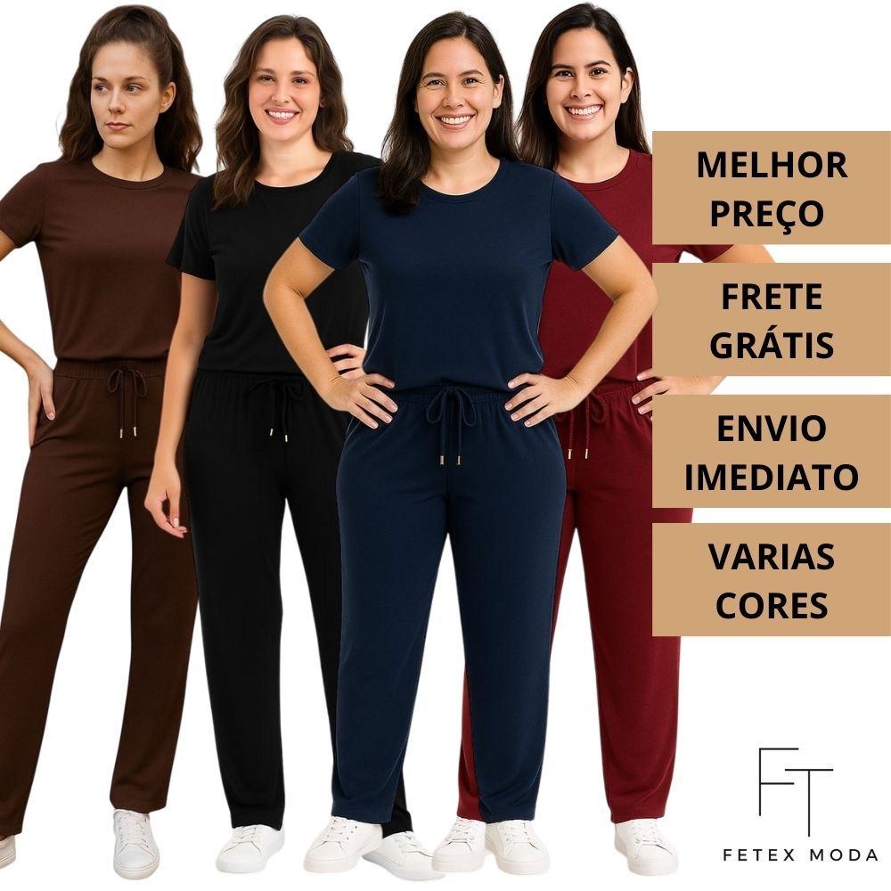 CONJUNTO VISCOLYCRA Feminino Malha Comfy Blusa Camiseta Manga Curta e Calça Pantalona Cintura Alta em Oferta na Shopee