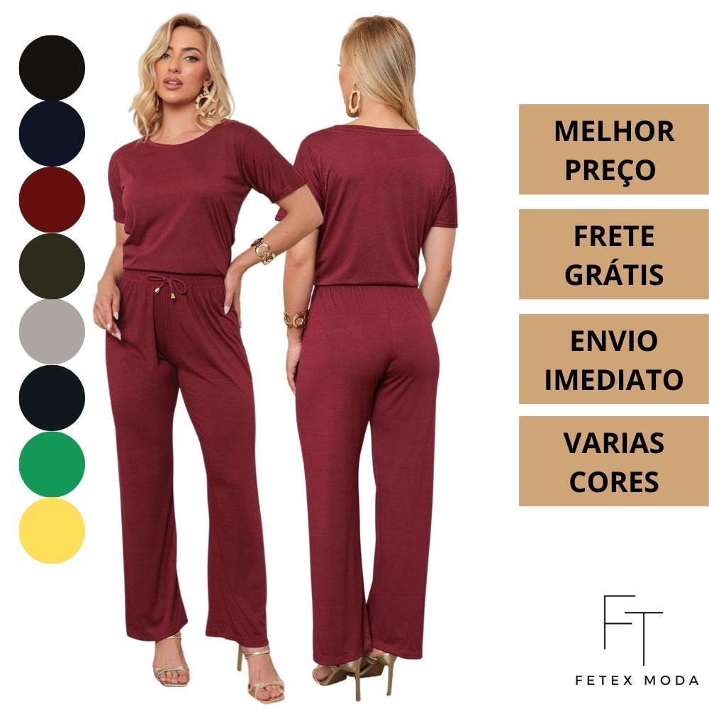 CONJUNTO VISCOLYCRA Feminino Malha Comfy Blusa Camiseta Manga Curta e Calça Cintura Alta Pantalona em Oferta na Shopee