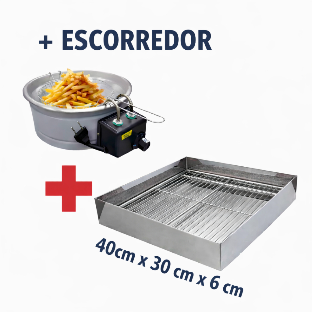 Fritadeira Elétrica Tacho 5L Inox Profissional + Escorredor de Fritura 30x40