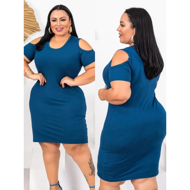 Vestido Feminino Plus Size Midi Tubinho Canelado Recorte Na Manga Primavera Verão Azul Petróleo