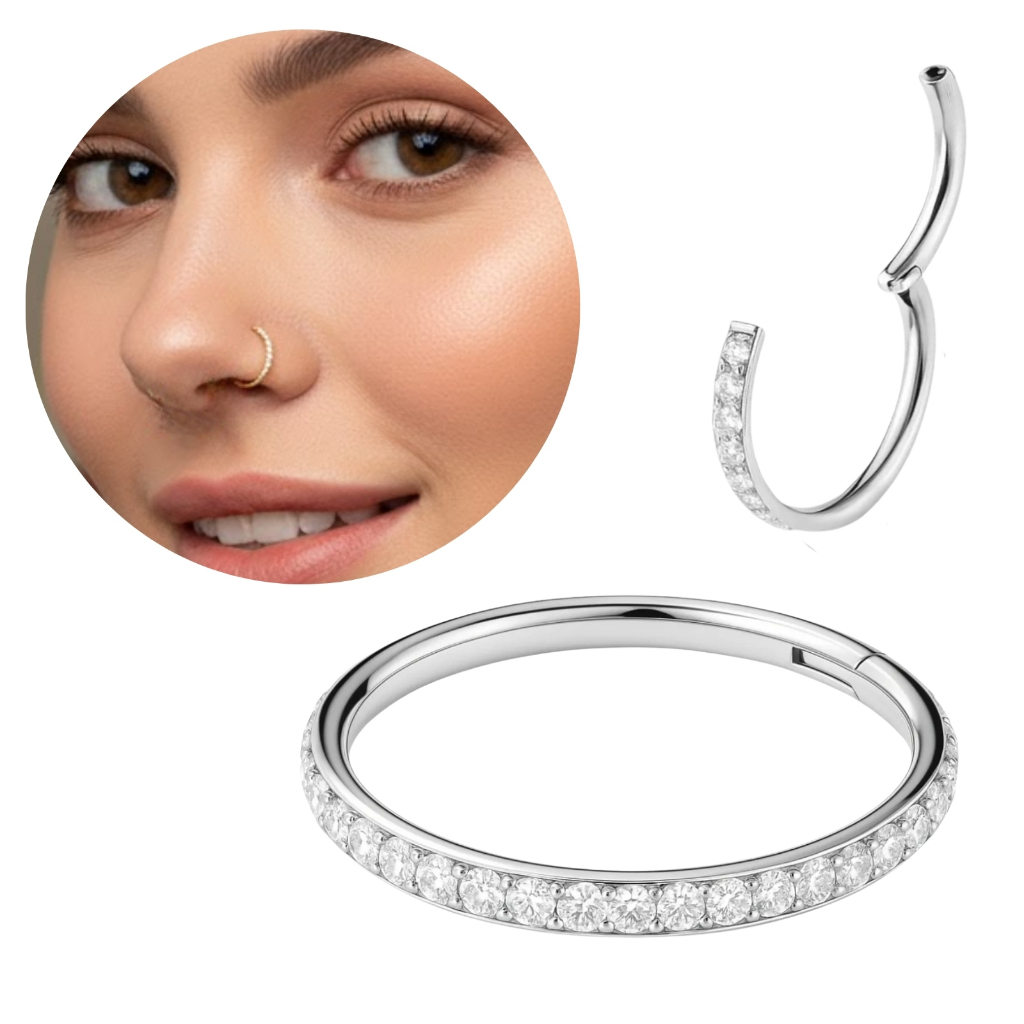 Piercing Argola 8mm Cravejada Zircônias Titânio Nariz Septo Orelha Anti Alérgico Dourado ou Prata