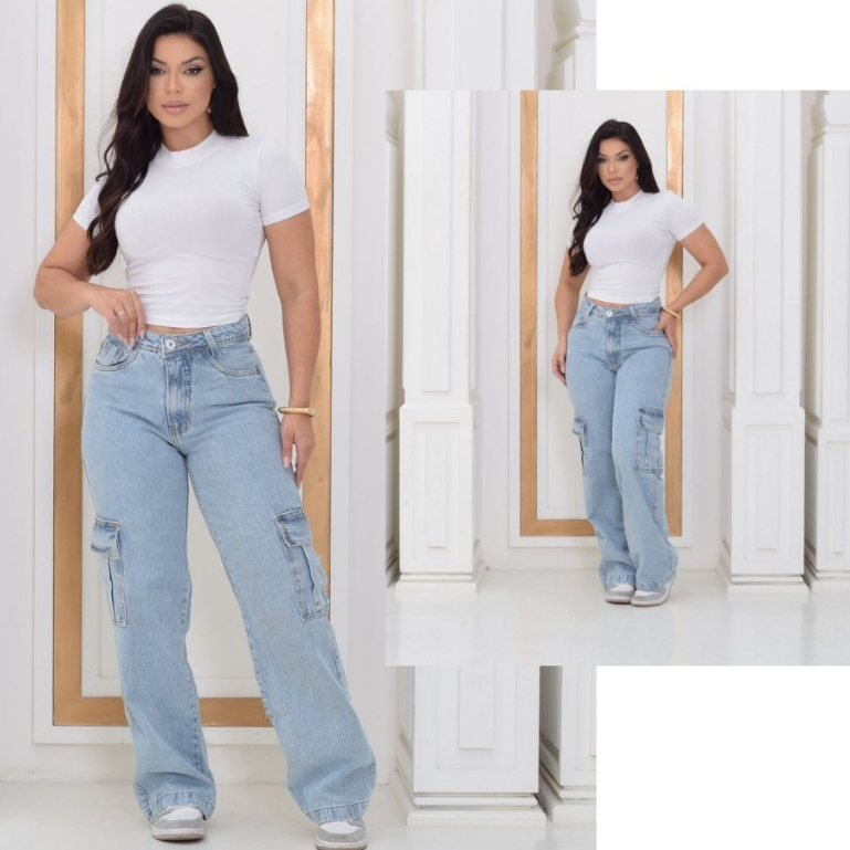 Calça Jeans Cargo Feminina Confortável Casual Versátil Tendência Elegante Moderna Festas Blogueira