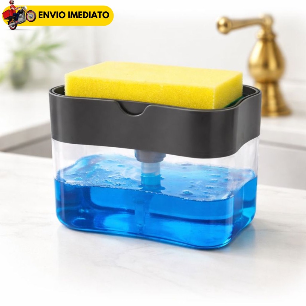 Dispenser Porta Detergente e Sabão Líquido com Suporte para Esponja Cozinha Compacto 650ml Pressão Automática em Oferta na Shopee