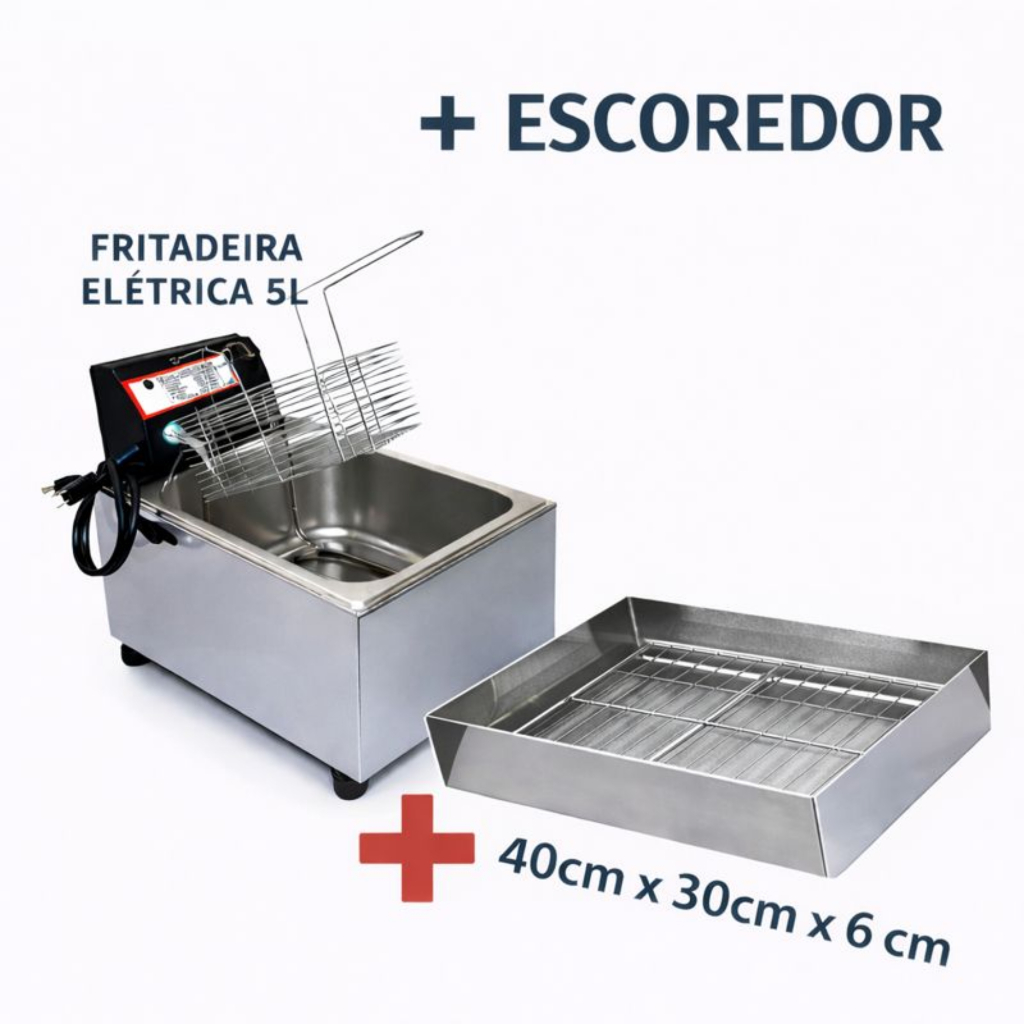 Fritadeira Elétrica Cuba 5L Inox Profissional + Escorredor de Fritura 30x40