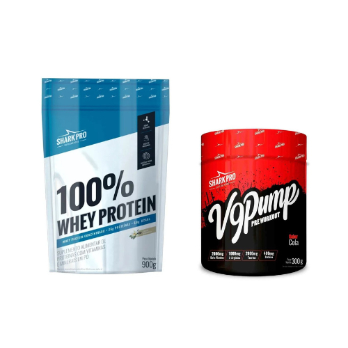 Kit Whey 100% Concentrado Pouch Shark Pro e Pré Treino 300g V9 Pump Shark Pro
