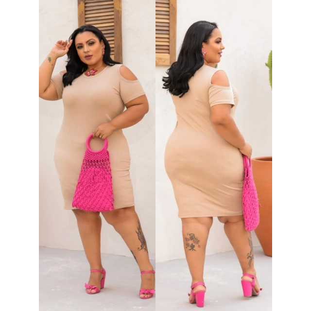 Vestido Feminino Plus Size Midi Tubinho Canelado Recorte Na Manga Primavera Verão Amêndoa