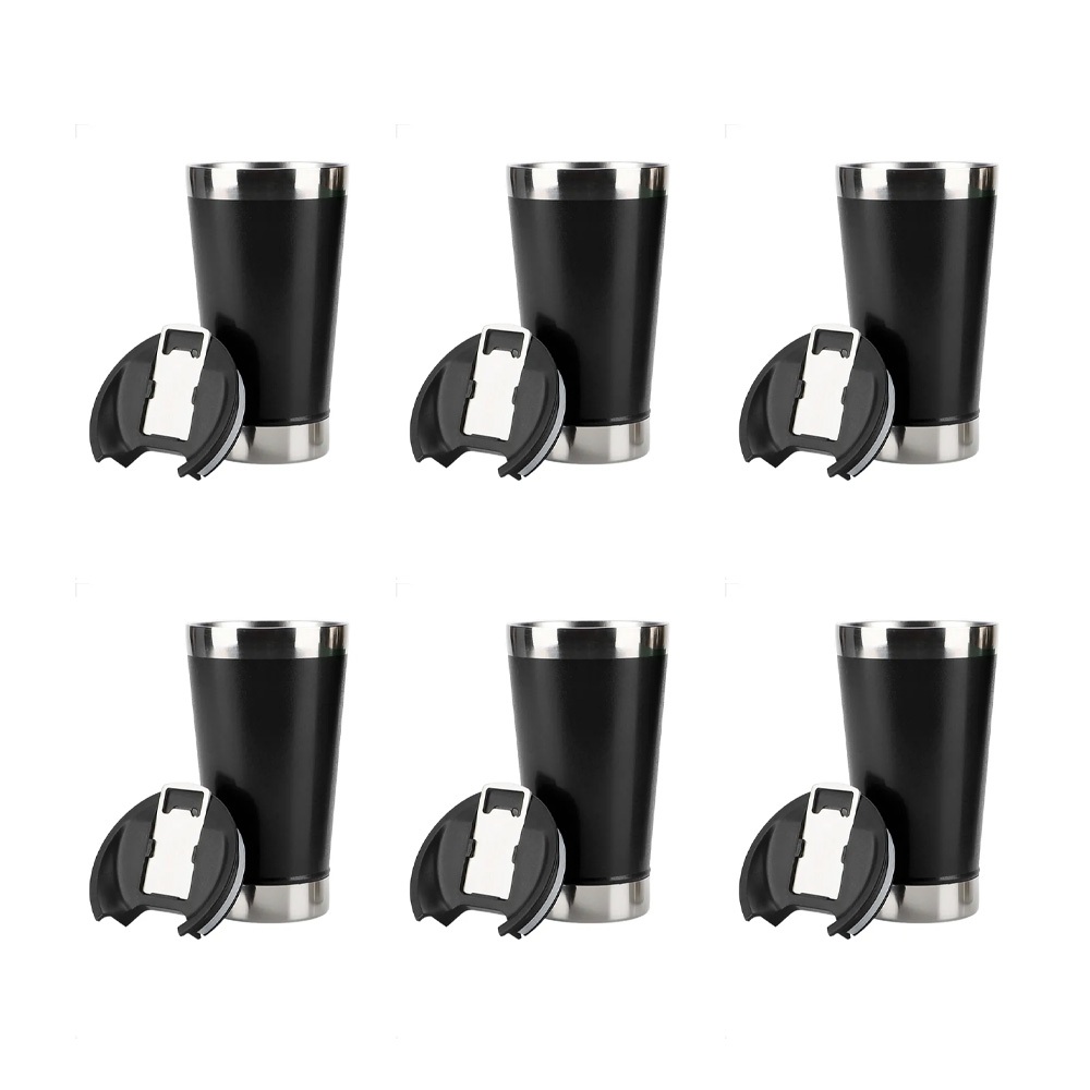 Kit 6 Copos Térmico De Cerveja Café Aço Inox 470ml Com Tampa Preto em Oferta na Shopee
