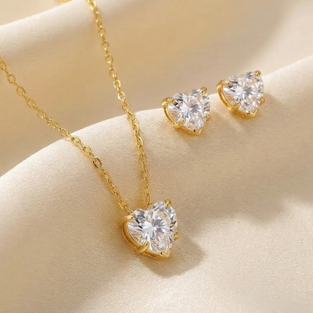 Kit Colar + Brincos Coração Zircônia Feminina Delicada Banhado Ouro 18k Anti Alérgico