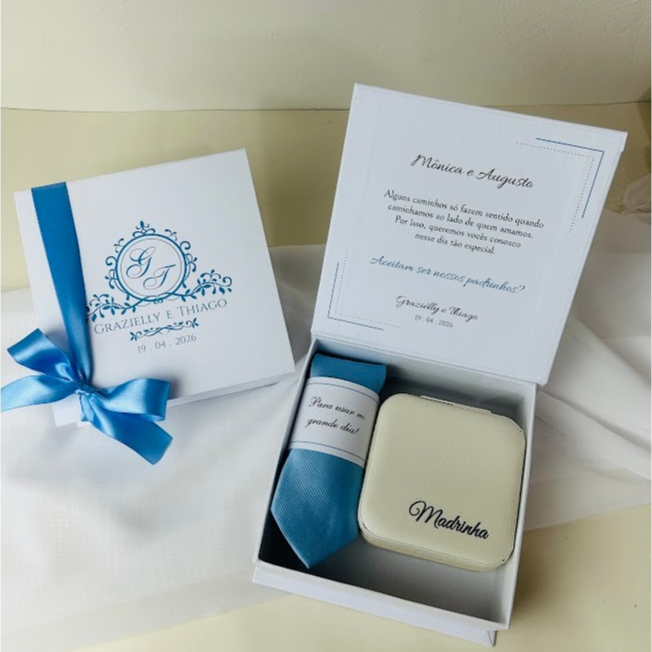 kit Caixa Convite Padrinhos  Casamento Completa e Personalizada - Com gravata, Tag da Gravata  e Porta jóias em Oferta na Shopee