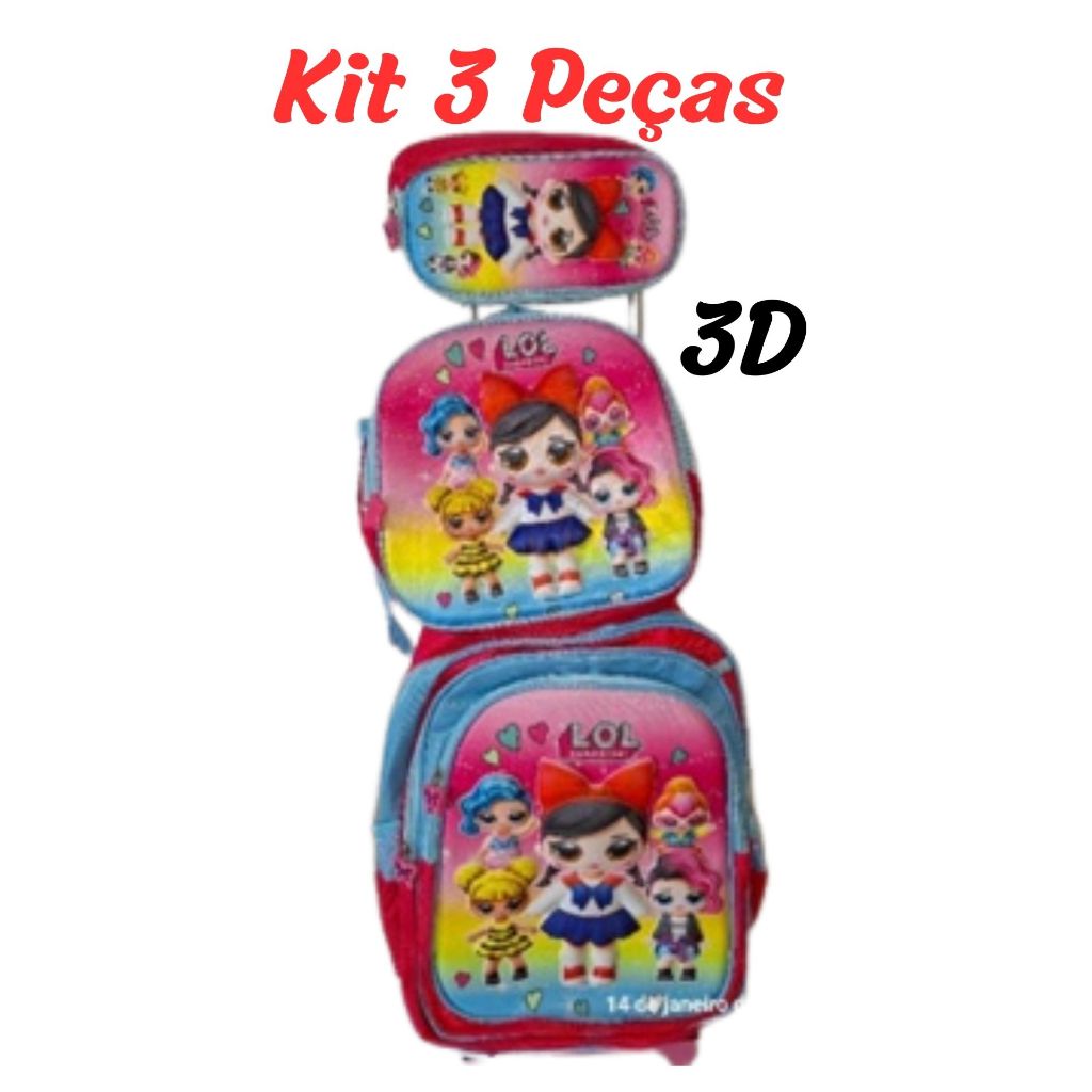 Kit Mochila Escolar 3D Infantil Mochila com Carrinho + Lancheira Térmica + Estojo Personagem Harry Poter/Lol