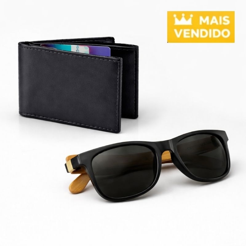 Presente Masculino Kit Carteira Slim em Couro Premium + Óculos de Sol UV400