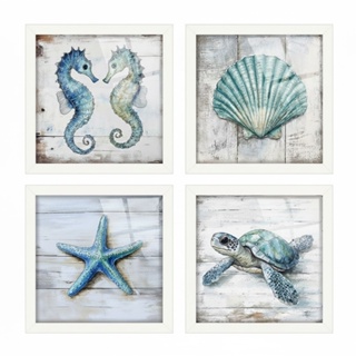 Kit 4 quadros 18x18 cm mar, praia, banheiro, lavabo, tartaruga, moldura e vidro em Oferta na Shopee