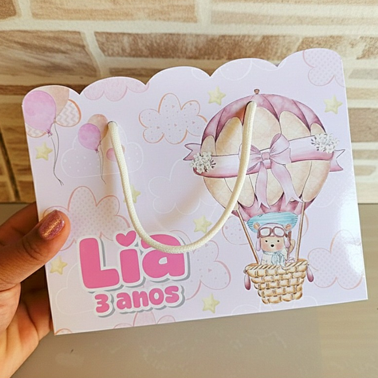 Sacolinha Personalizada Ursa Ursinha Aviadora, Baloeira lembrancinha aniversário guloseimas