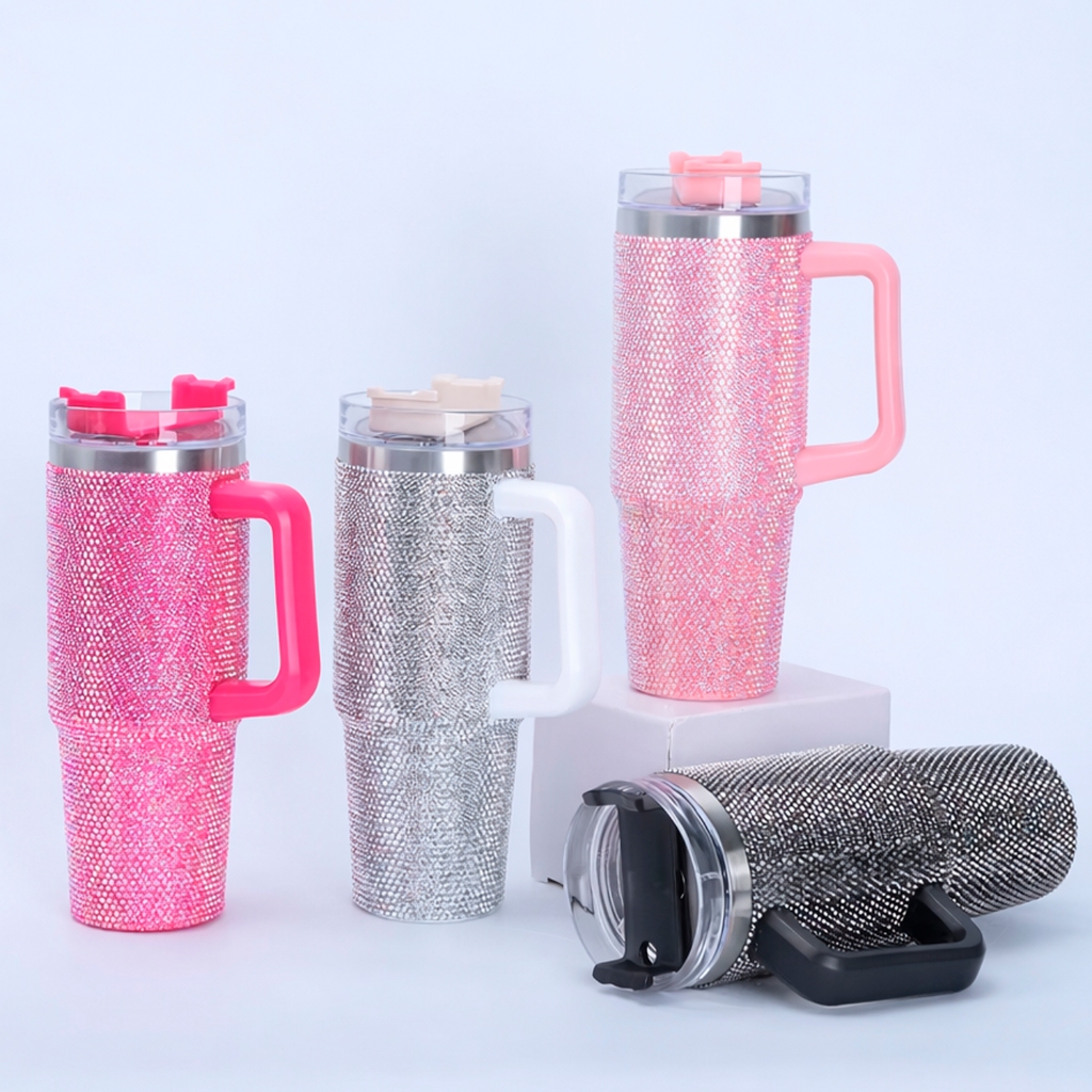 Copo Térmico 1200ml de Aço Inoxidável Strass Brilhante Com Tampa e Canudo