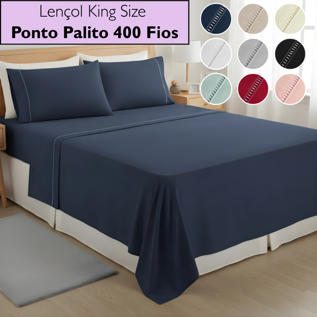 JOGO DE LENçOL KING SIZE 4 PEçAS 400 FIOS COM ELáSTICO TOQUE DE SEDA DETALHE PONTO PALITO