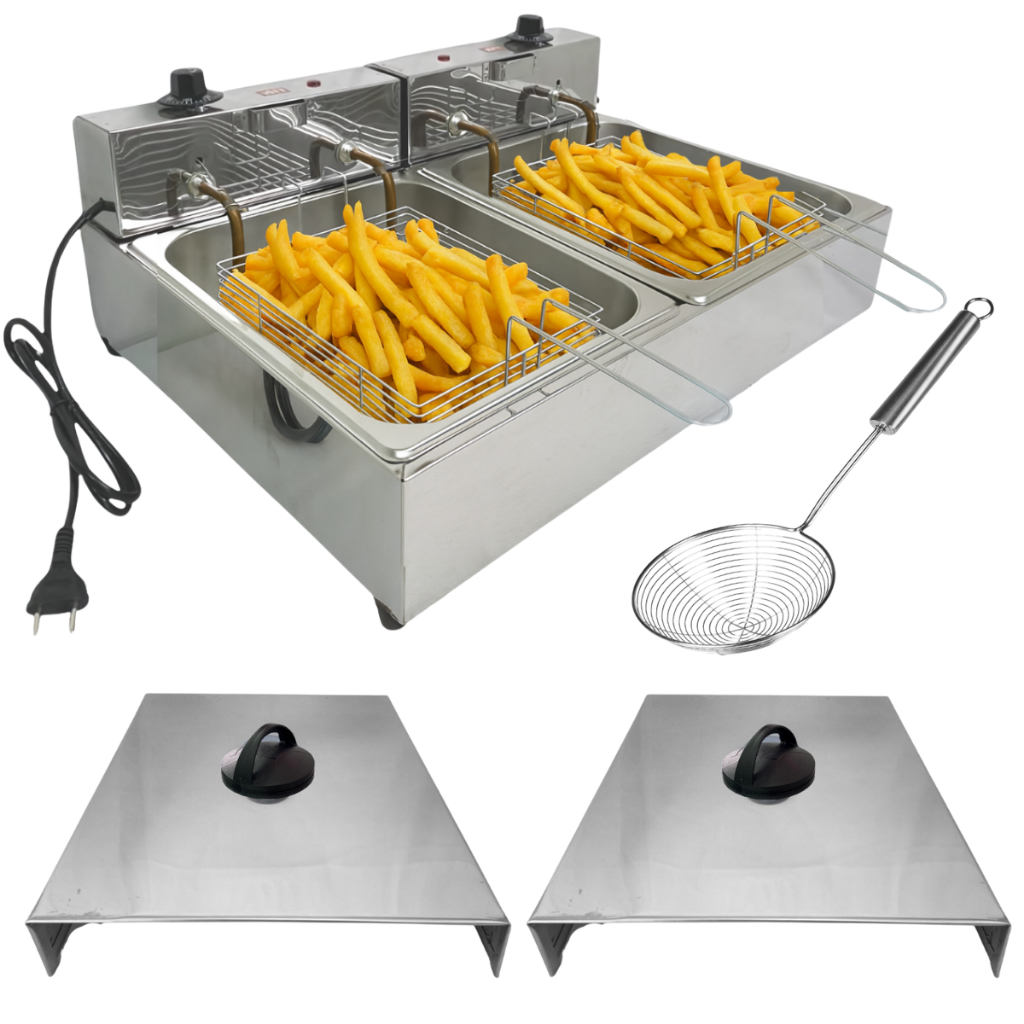 Fritadeira Elétrica 2 Cubas 10 Litros Industrial + 2 Tampas e Escumadeira Inox Pastel Batata 3000w